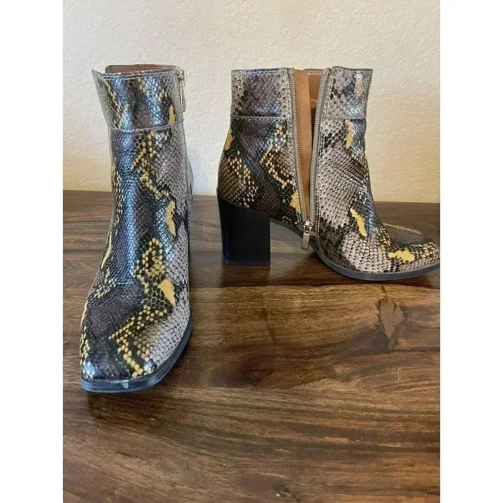 Franco Sarto Size 7M Generous Leather Snake Print Block women Heel Bootie